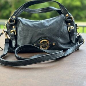 Michael Kors Black Leather Shoulder Bag With Gold Hardware.